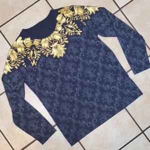 Hip Hop Fleur De Lis Blue Gold Pattern Night Club Long Sleeve Tee T Shirt